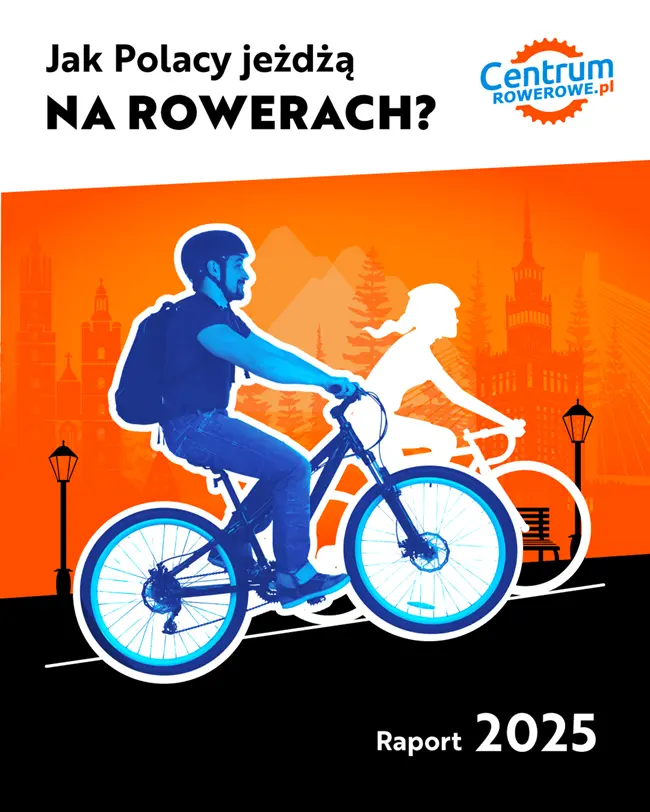 Mężczyzna jadący na rowerze i napis Jak polacy jeżdżą na rowerach? Raport 2025