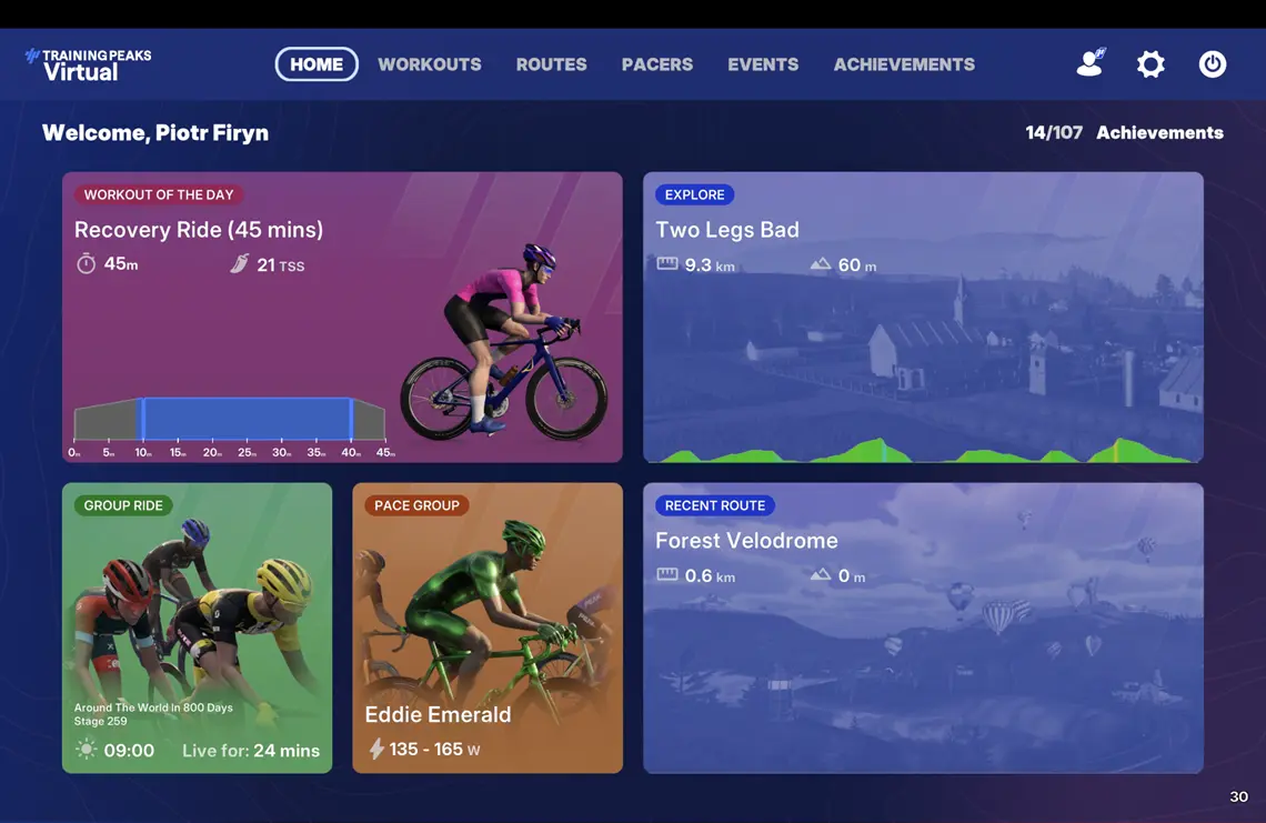 Ekran startowy po zalogowaniu kontem TrainingPeaks