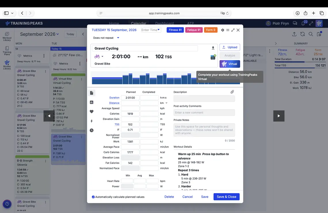 Trening w kalendarzu TrainingPeaks z przyciskiem Virtual.