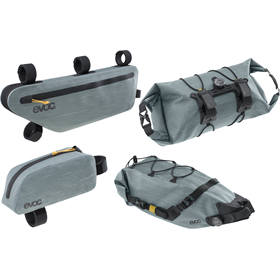 Torba pod ramę EVOC Frame Pack WP + Torba na kierownicę EVOC Handlebar Pack BOA WP + Torba podsiodłowa EVOC Seat Pack Boa WP + Torba na ramę EVOC Top Tube Pack WP